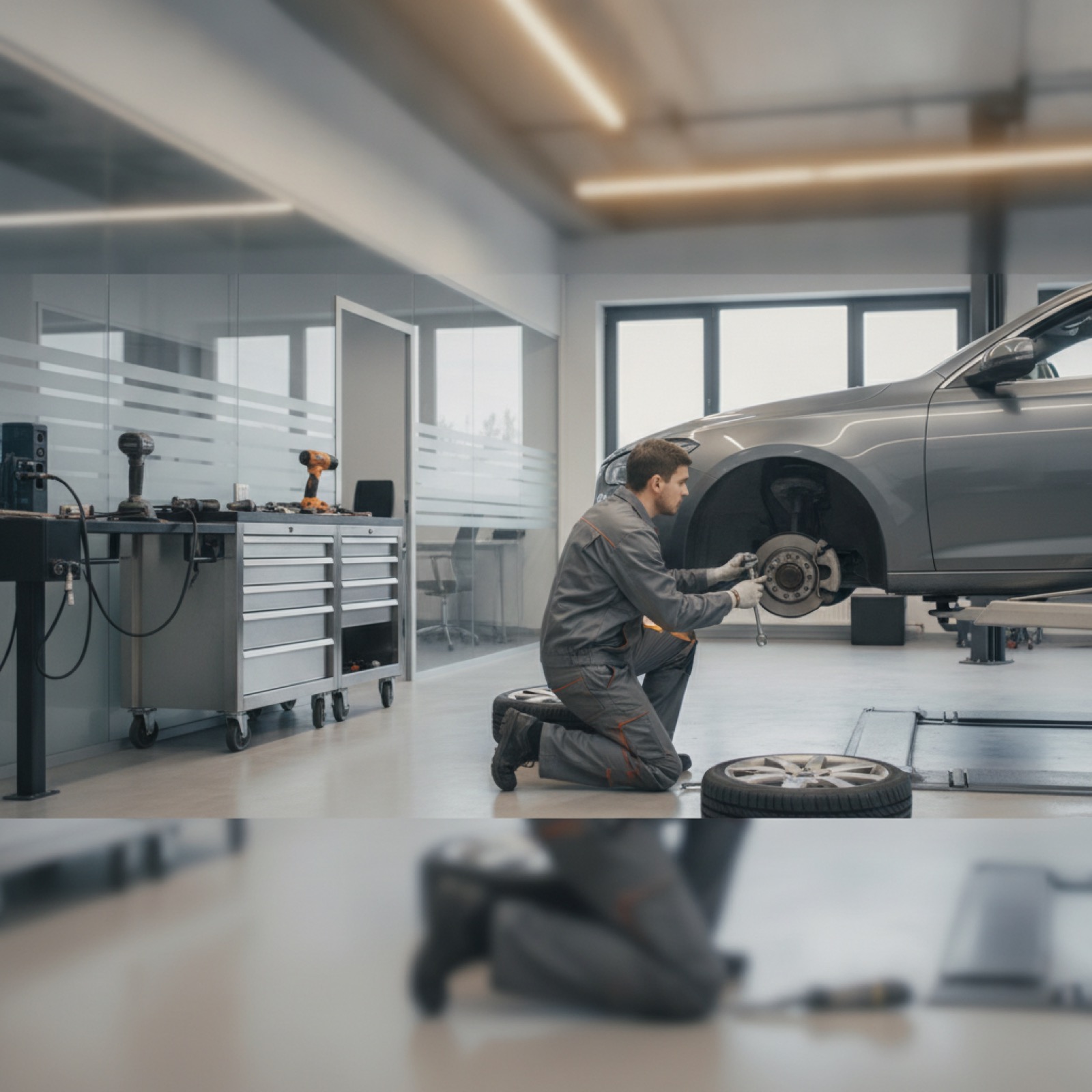 Mechanic servicing a car's brakes at a repair shop in Ocala, FL